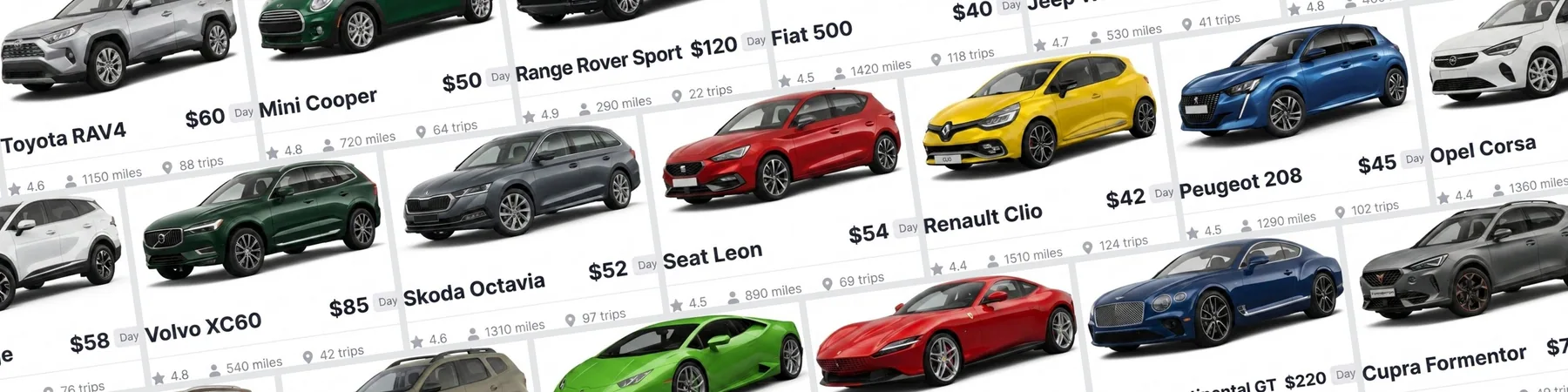 Reihe von Inseratskarten mit echten Fahrzeugbildern aus der API